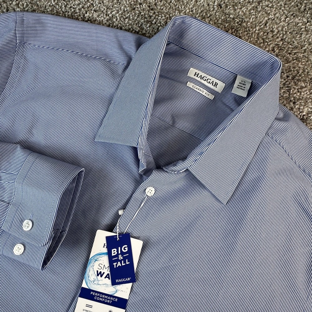 Haggar Dress Shirt Mens 17.5 35/36T Stripe Smart Wash Classic Fit Business NWT
